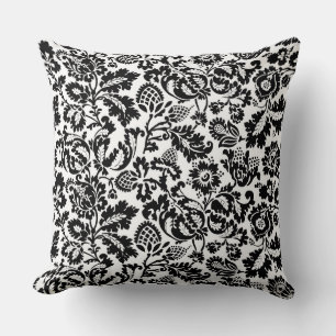 William Morris Floral Damask, Black on White Throw Pillow
