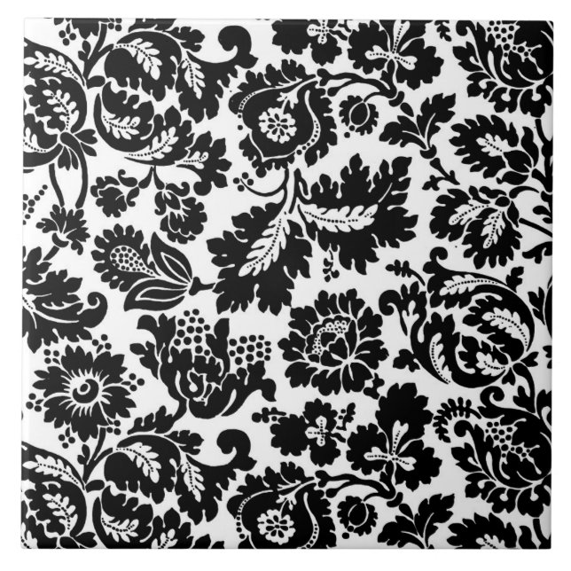 William Morris Floral Damask, Black on White Tile (Front)