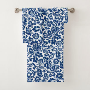 William Morris Floral Damask, Cobalt Blue on White Bath Towel Set