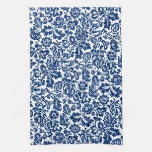 William Morris Floral Damask, Cobalt Blue on White Kitchen Towel