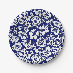 William Morris Floral Damask, Cobalt Blue & White Paper Plate