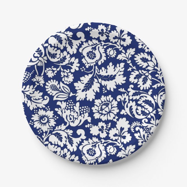 William Morris Floral Damask, Cobalt Blue & White Paper Plate (Front)