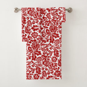 William Morris Floral Damask, Deep Red and White  Bath Towel Set