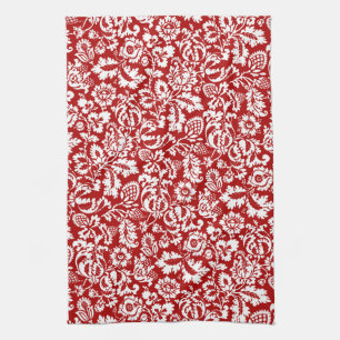 William Morris Floral Damask, Deep Red and White Kitchen Towel