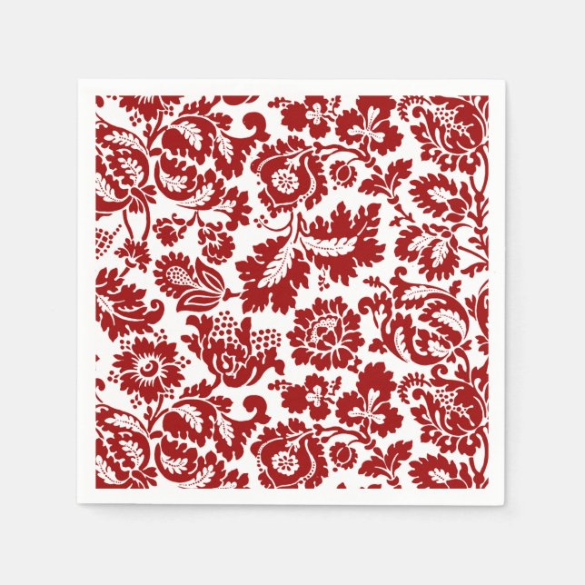 William Morris Floral Damask, Deep Red and White Napkin (Front)