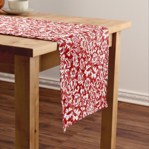William Morris Floral Damask, Deep Red and White  Short Table Runner