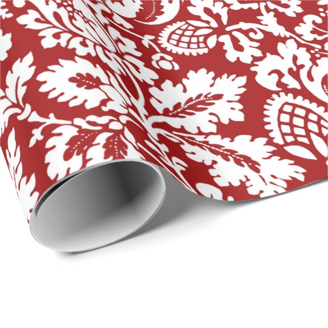 William Morris Floral Damask, Deep Red and White Wrapping Paper (Roll Corner)