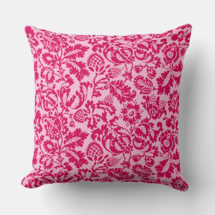 William Morris Floral Damask, Fuchsia and Pink Throw Pillow