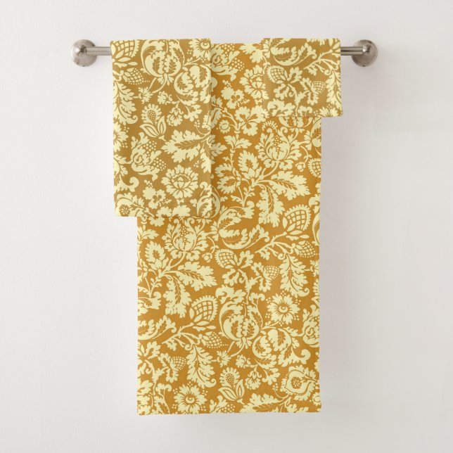 William Morris Floral Damask, Mustard Yellow Bath  Bath Towel Set (Insitu)