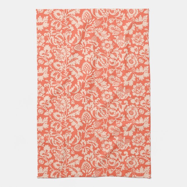 William Morris Floral Damask, Peach and Coral  Kitchen Towel (Vertical)