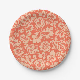 William Morris Floral Damask, Peach and Coral Paper Plate