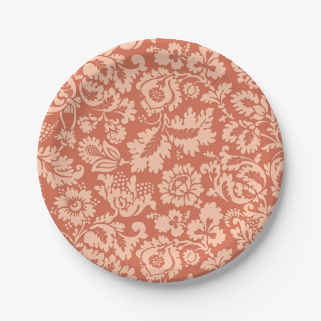 William Morris Floral Damask, Peach and Coral Paper Plate (Front)