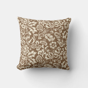 William Morris Floral Damask, Taupe Tan and Beige Throw Pillow