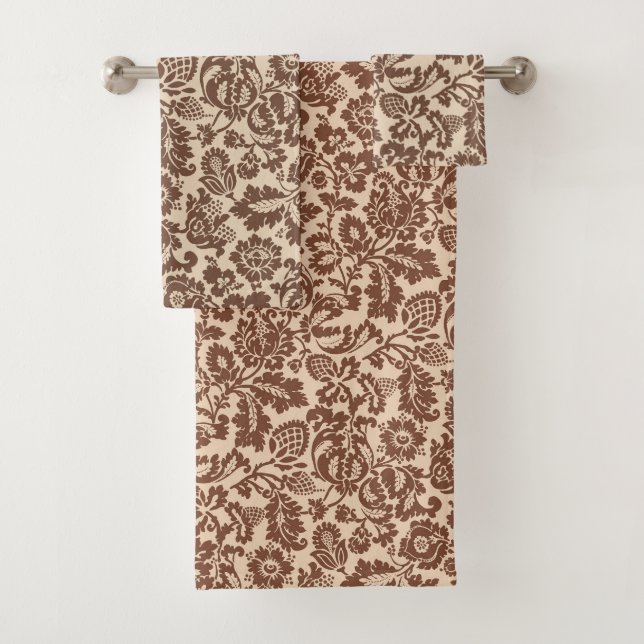 William Morris Floral Damask, Taupe Tan on Beige  Bath Towel Set (Insitu)