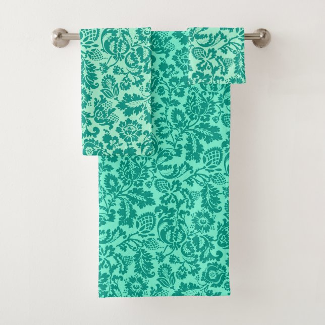 William Morris Floral Damask, Turquoise and Aqua  Bath Towel Set (Insitu)