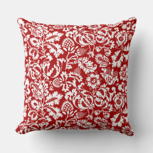 William Morris Floral Damask, White and Deep Red Throw Pillow