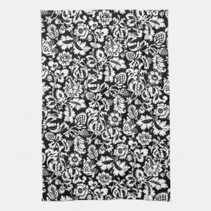 William Morris Floral Damask, White on Black  Kitchen Towel