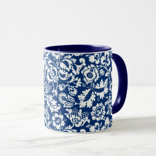 William Morris Floral Damask, White on Cobalt Blue Mug