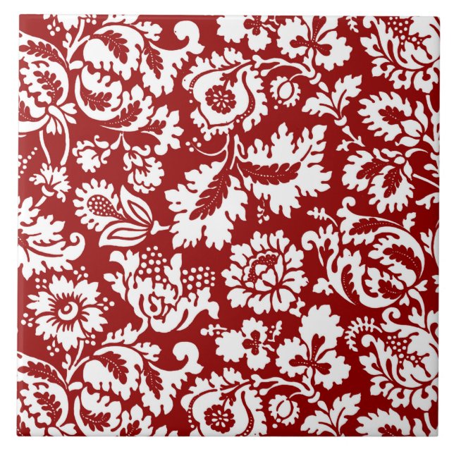 William Morris Floral Damask, White on Deep Red Tile (Front)