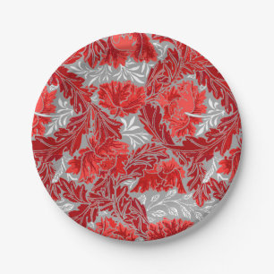William Morris Floral, Deep Red and Grey / Grey Paper Plate