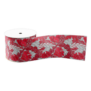William Morris Floral, Deep Red and Silver Gray Grosgrain Ribbon