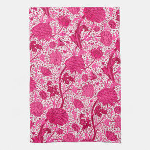 William Morris Floral, Fuchsia Pink and White Kitchen Towel
