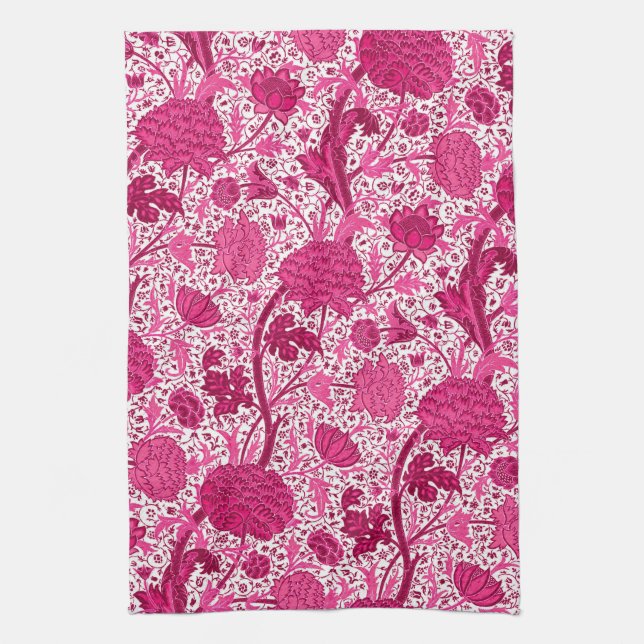 William Morris Floral, Fuchsia Pink and White  Kitchen Towel (Vertical)