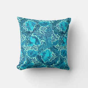 William Morris Floral, Indigo Blue and Turquoise Throw Pillow
