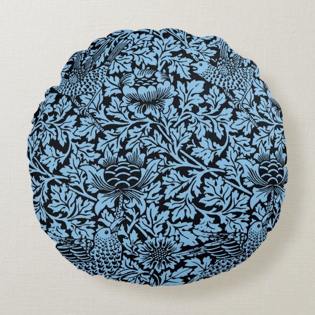 William Morris Floral Pattern Bird Anenome Round Pillow (Front)