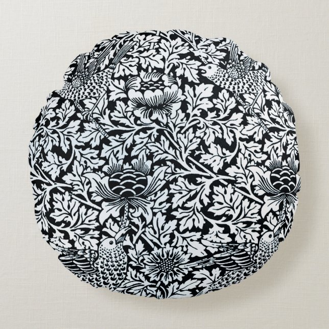 William Morris Floral Pattern Bird Anenome Round Pillow (Front)