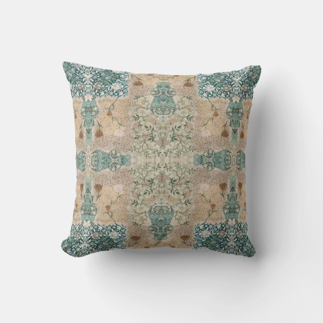 William Morris Floral Pattern Collage Teal Peach Throw Pillow (Front)