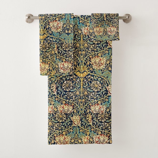 William Morris Floral Pattern Gold Turquoise Red Bath Towel Set (Insitu)