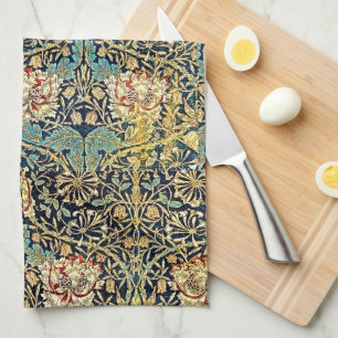William Morris Floral Pattern Gold Turquoise Red Kitchen Towel