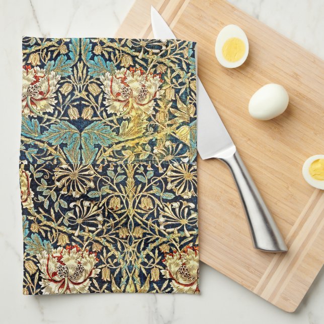 William Morris Floral Pattern Gold Turquoise Red Kitchen Towel (Quarter Fold)