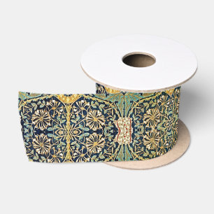 William Morris Floral Pattern Gold Turquoise Red Satin Ribbon