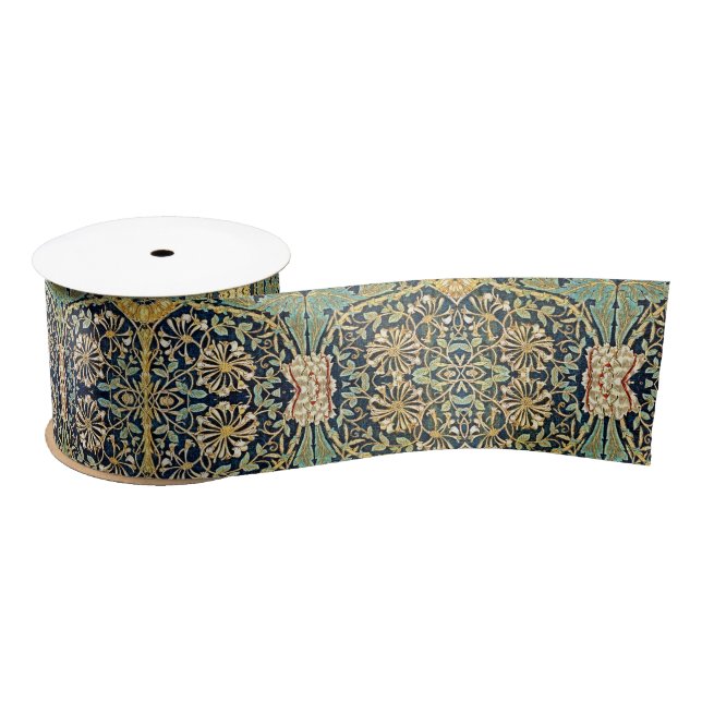 William Morris Floral Pattern Gold Turquoise Red Satin Ribbon (Spool)