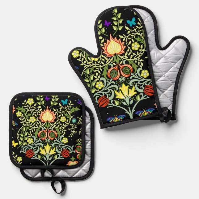 William Morris Floral Pattern Oven Mitt & Pot Holder Set (Front/Back)