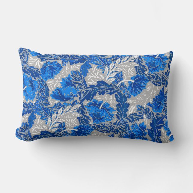 William Morris Floral, Sapphire Blue and Grey Lumbar Pillow (Front)