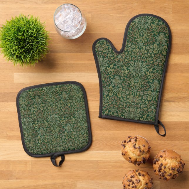 William Morris Flower Garden-Greens Oven Mitt & Pot Holder Set (Top Down)