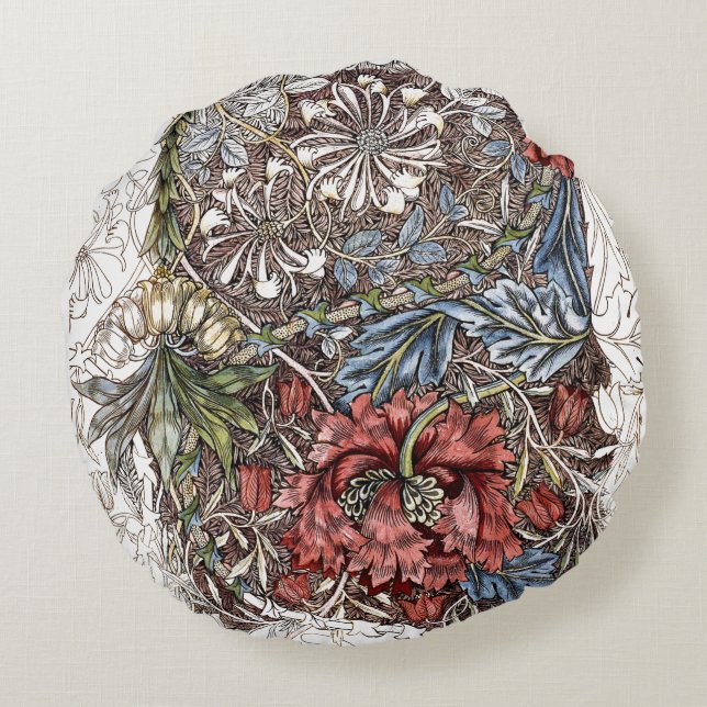 William morris flowers elegant floral illustration round pillow (Back)