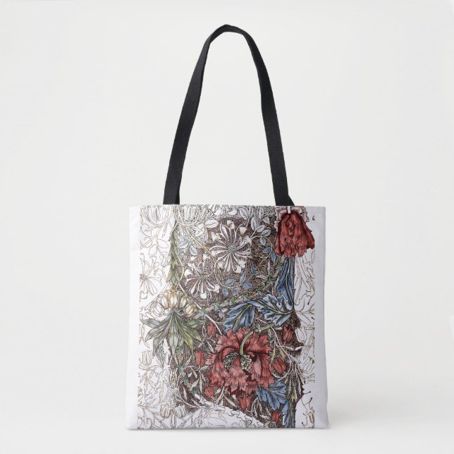 William morris flowers floral illustration red blu tote bag (Front)