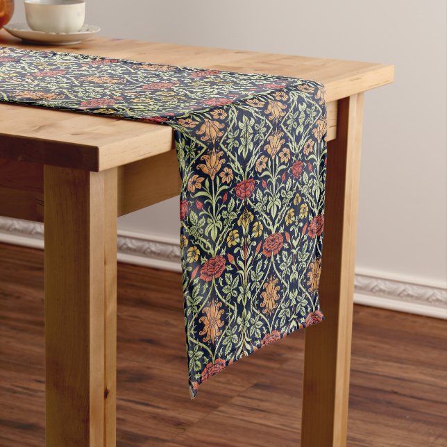 William Morris Flowers Foliage Green Yellow Red  Long Table Runner (In Situ)