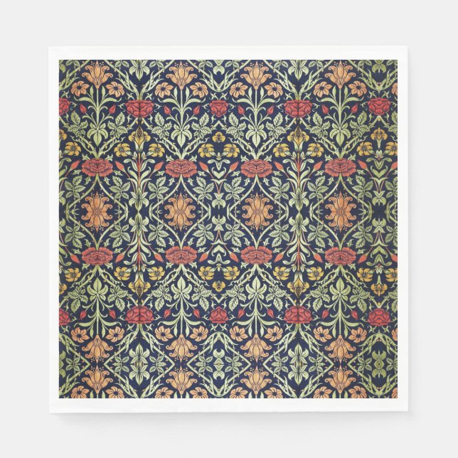 William Morris Flowers Foliage Green Yellow Red  Napkin (Front)