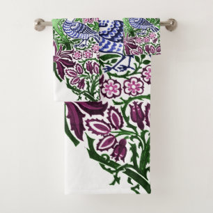 William Morris Folk Art Birds Flowers Acorns Bath Towel Set