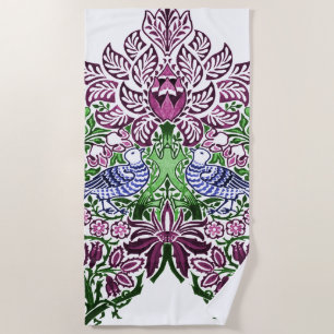 William Morris Folk Art Birds Flowers Acorns Beach Towel