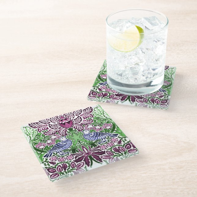 William Morris Folk Art Birds Flowers Acorns Glass Coaster (Angled)