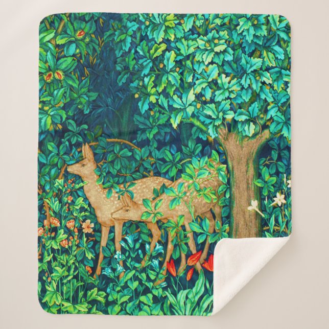 William Morris Forest Deer Tapestry Print Sherpa Blanket (Front)