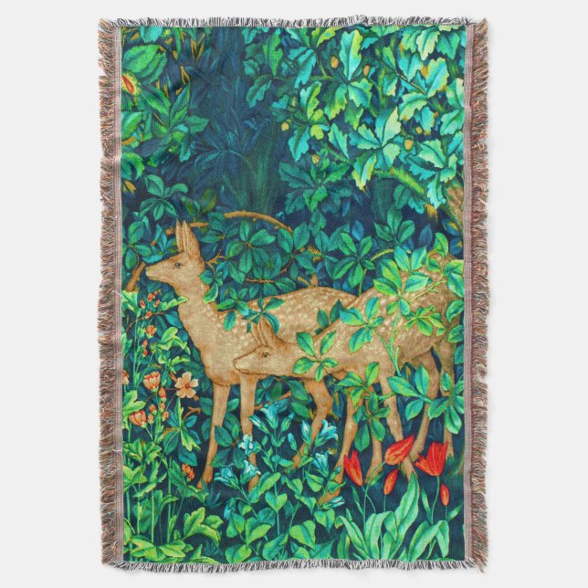 William Morris Forest Deer Tapestry Print Throw Blanket (Front Vertical)
