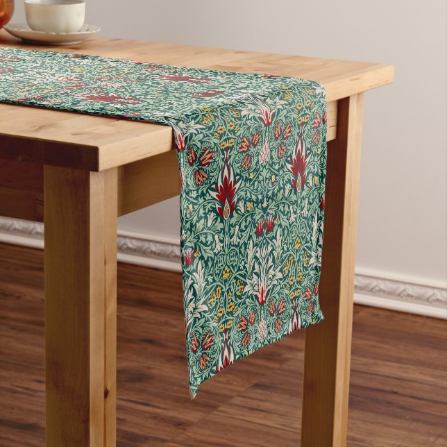 William Morris Forest Green Floral Wallpaper Short Table Runner (In Situ)