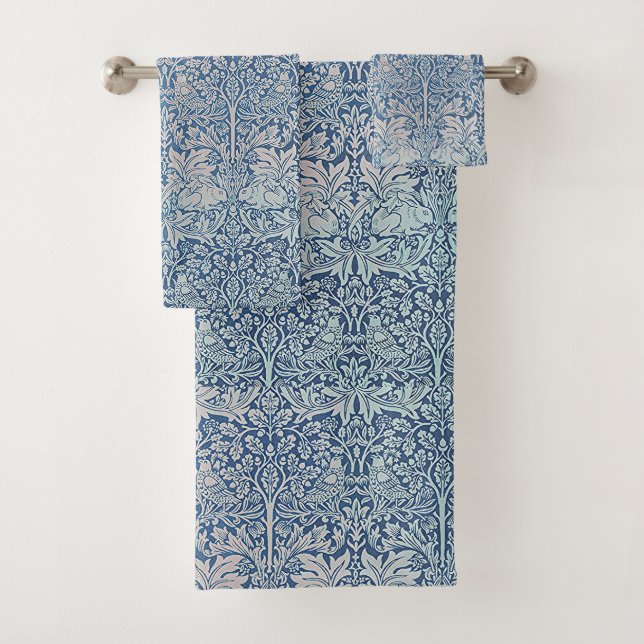 William Morris Forest Rabbit Bird Foliage Blue Bath Towel Set (Insitu)